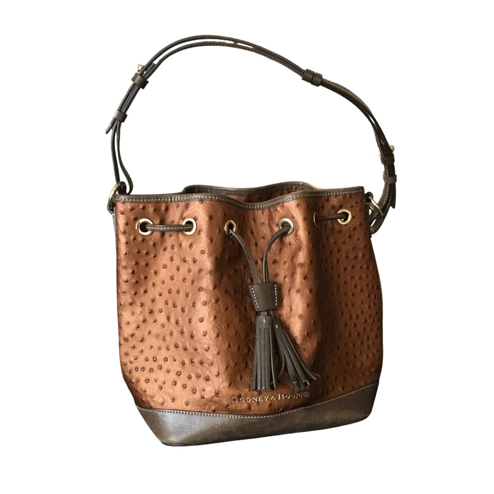 Dooney & Bourke Ostrich Bucket Purse Drawstring Shoulder Bag‎ Metallic Bronze